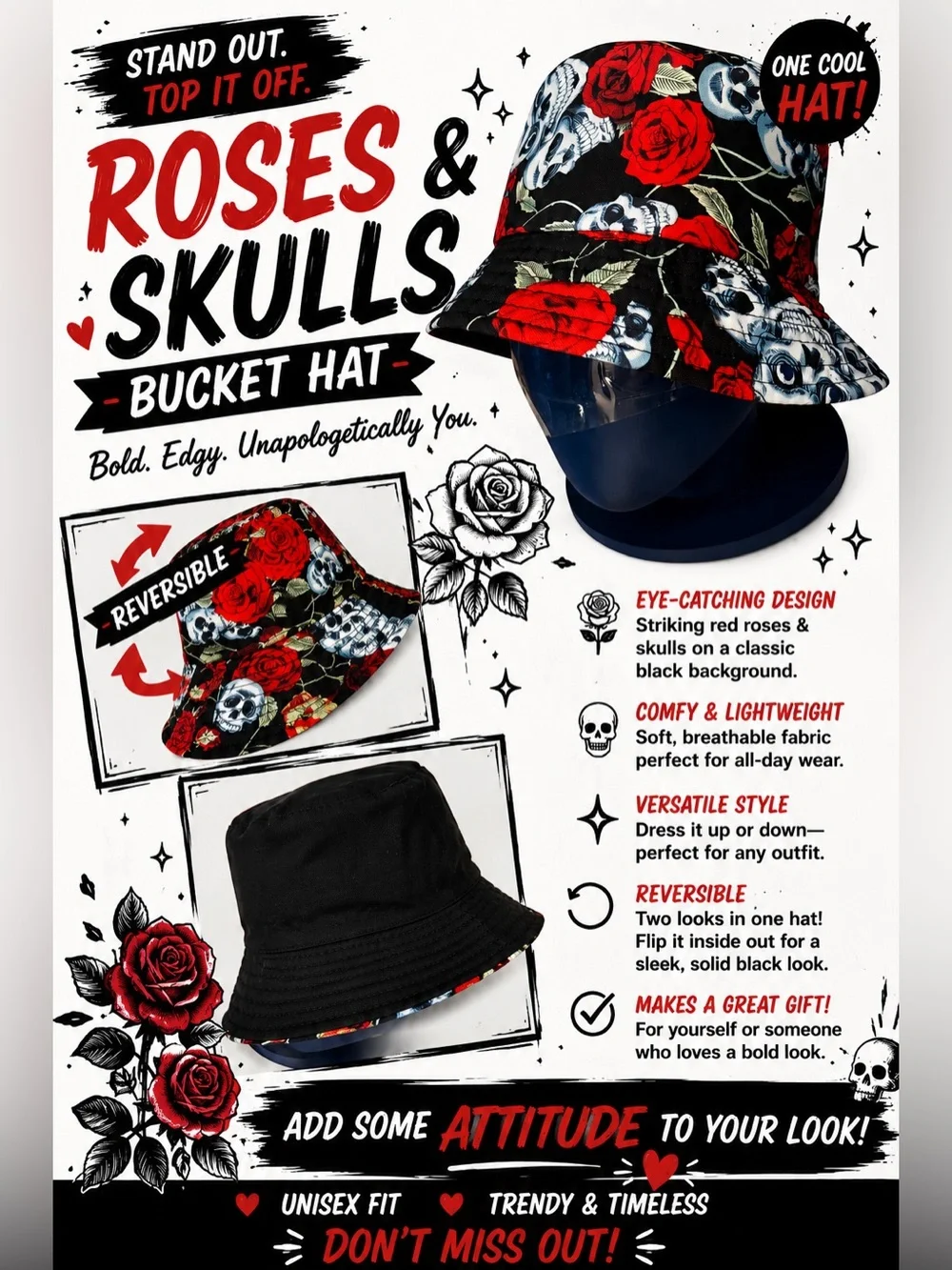 Reversible Roses & Skulls Bucket Hat - Black & Red